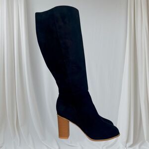 90s Style Black Faux Suede Block Heel Slouchy Round Toe Boots EU 41 US 10.5